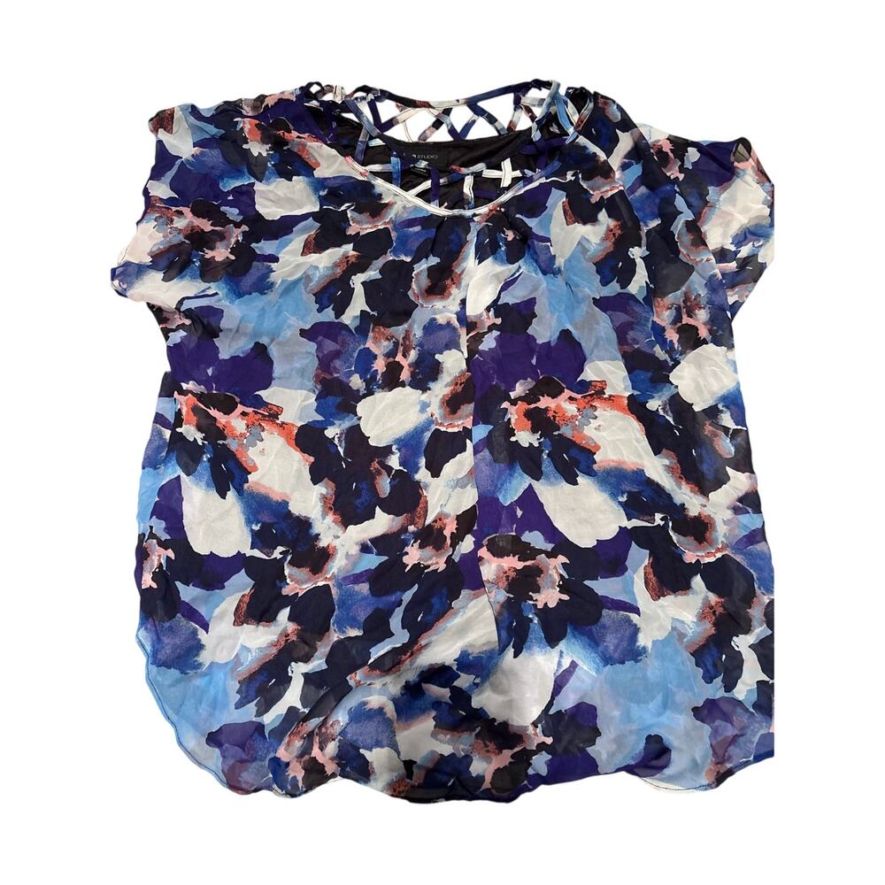 AB Studio Women's Blue Purple Floral Print Blouse Size M Boho
